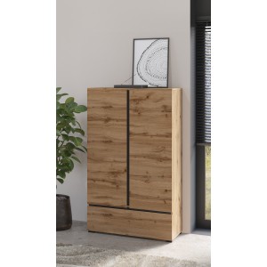 Armoire de rangement HAVANA chêne et noir 2 portes 1 tiroir – Meuble moderne et compact pour chambre