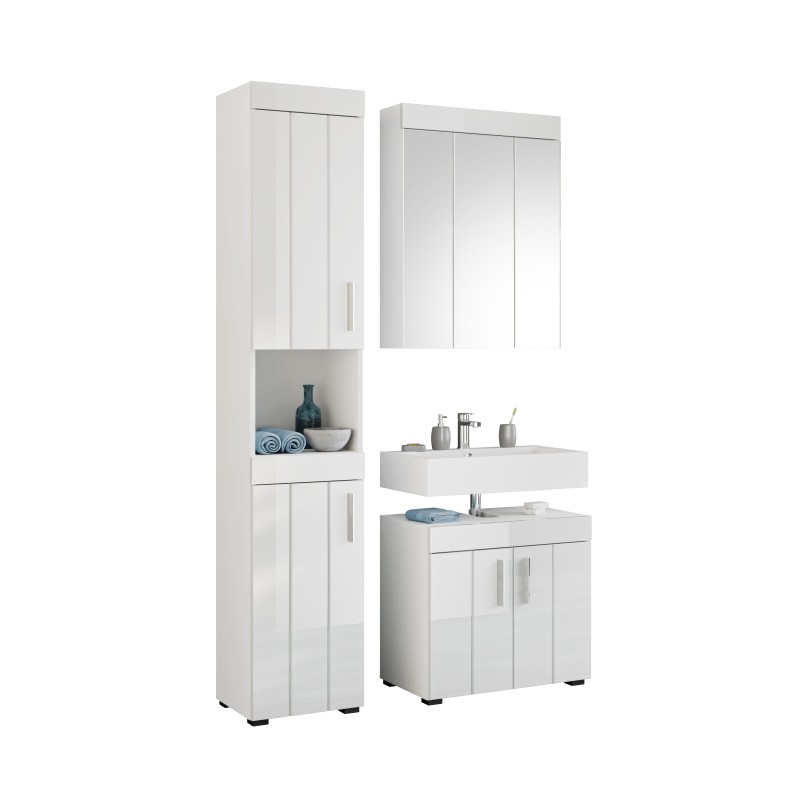 Ensemble de salle de bain : meuble sous vasque + armoire de rangement avec miroir – Blanc laqué – VENICE