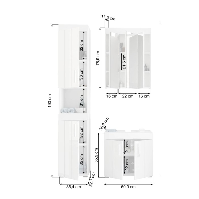 Ensemble de salle de bain : meuble sous vasque + armoire de rangement avec miroir – Blanc laqué – VENICE