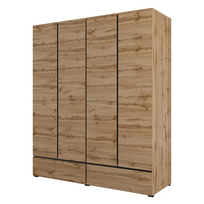 Chambre complète HAVANA chêne et noir – Lit 160x200, armoire 4 portes, chevets et commode