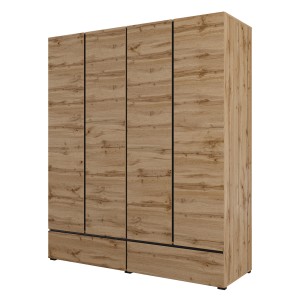 Chambre complète HAVANA chêne et noir – Lit 160x200, armoire 4 portes, chevets et commode