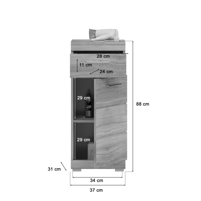 Meuble de rangement 1 porte 1 tiroir coloris chêne cendré – AVENSIO