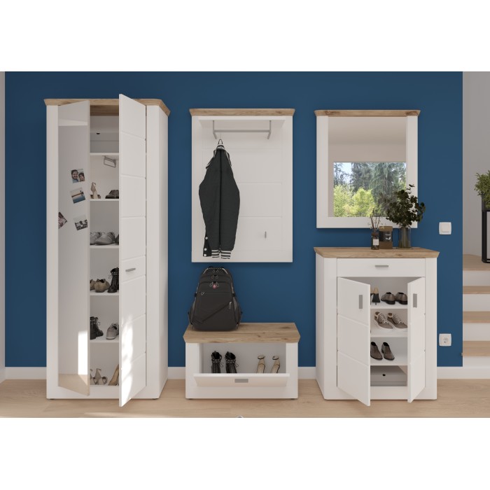 Porte manteau mural CAMPAGNA blanc et chêne – 3 patères et étagère, style campagne