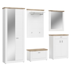 Ensemble d’entrée CAMPAGNA blanc et chêne – buffet, armoire, miroir, porte manteau, meuble à chaussures