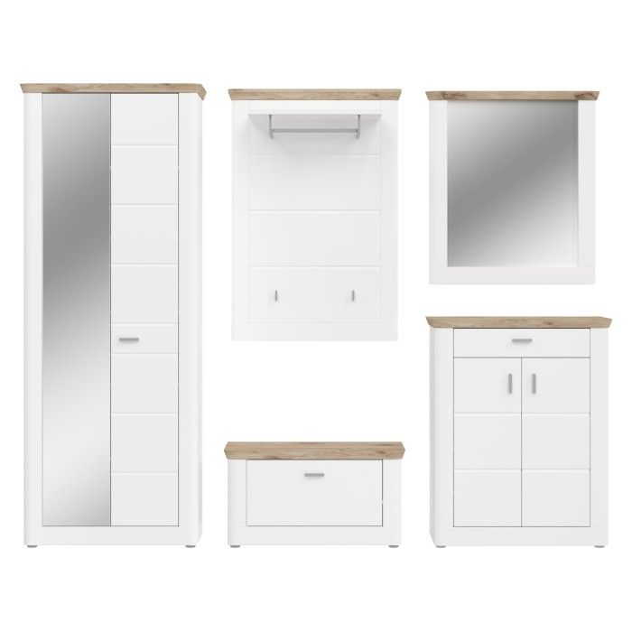 Ensemble d’entrée CAMPAGNA blanc et chêne – buffet, armoire, miroir, porte manteau, meuble à chaussures