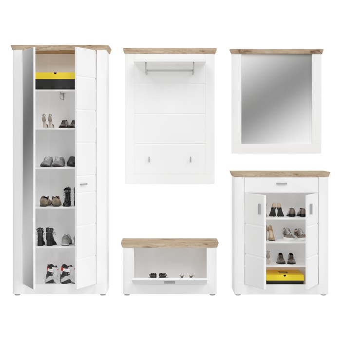 Ensemble d’entrée CAMPAGNA blanc et chêne – buffet, armoire, miroir, porte manteau, meuble à chaussures