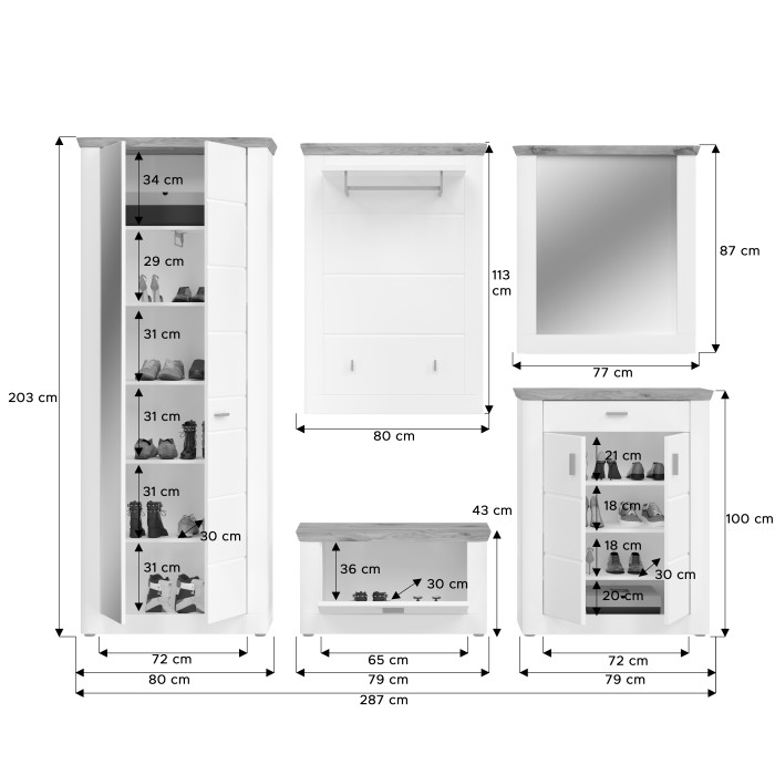 Ensemble d’entrée CAMPAGNA blanc et chêne – buffet, armoire, miroir, porte manteau, meuble à chaussures