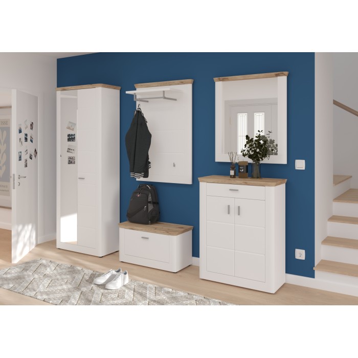 Ensemble d’entrée CAMPAGNA blanc et chêne – buffet, armoire, miroir, porte manteau, meuble à chaussures