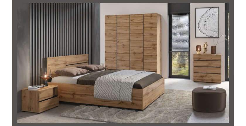 Chambre complète HAVANA chêne et noir – Lit 180x200, armoire 4 portes, chevets et commode