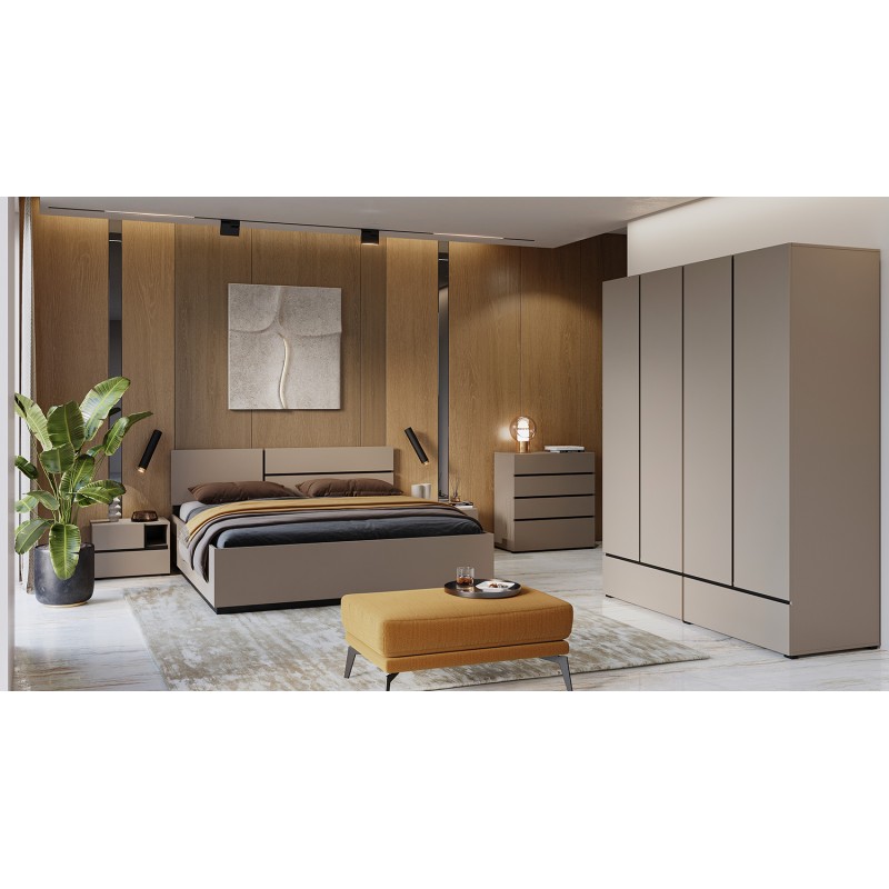 Chambre complète HAVANA beige et noir – Lit 180x200, armoire 4 portes, chevets et commode