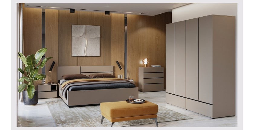 Chambre complète HAVANA beige et noir – Lit 180x200, armoire 4 portes, chevets et commode