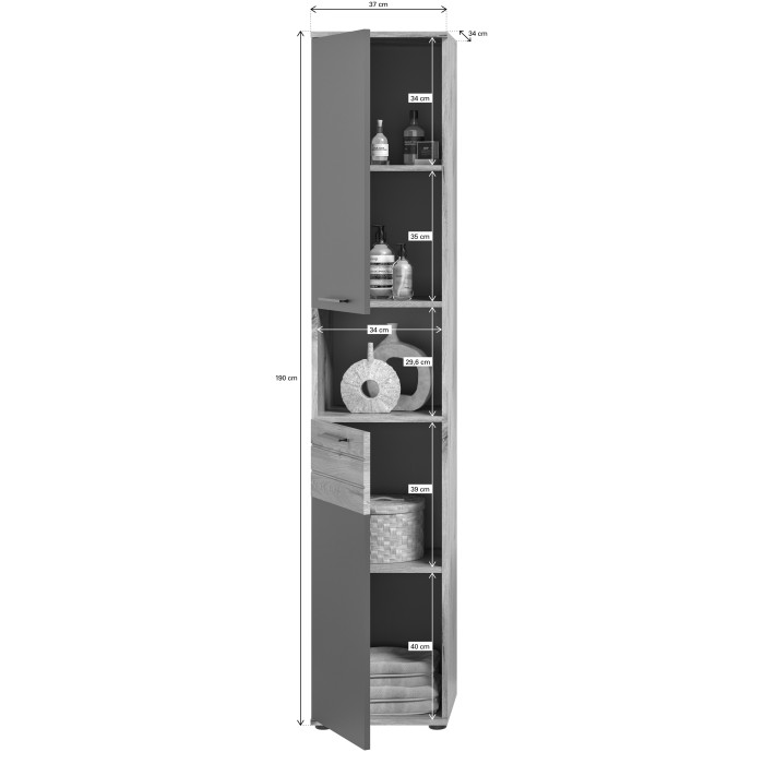 Ensemble salle de bain SELMA gris anthracite et chêne clair – meuble sous vasque, colonne, armoire miroir LED, 2 demi-colonnes