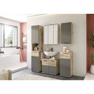 Ensemble salle de bain SELMA gris anthracite et chêne clair – meuble sous vasque, colonne, armoire miroir LED, 2 demi-colonnes