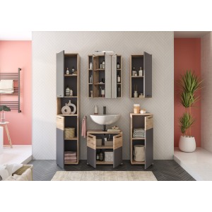 Ensemble salle de bain SELMA gris anthracite et chêne clair – meuble sous vasque, colonne, armoire miroir LED, 2 demi-colonnes