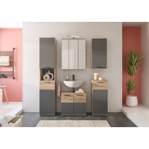 Ensemble salle de bain SELMA gris anthracite et chêne clair – meuble sous vasque, colonne, armoire miroir LED, 2 demi-colonnes