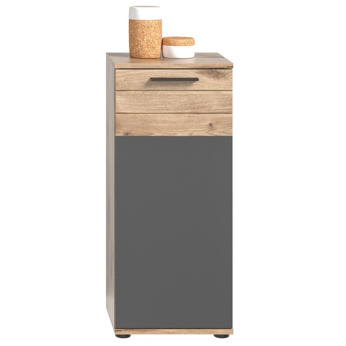 Ensemble salle de bain SELMA gris anthracite et chêne clair – meuble sous vasque, colonne, armoire miroir LED, 2 demi-colonnes