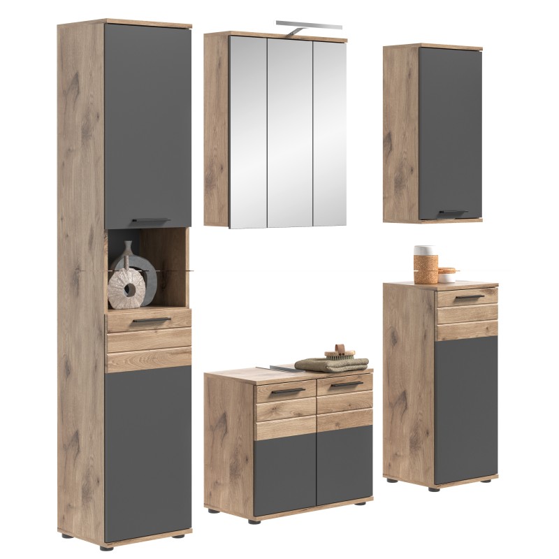 Ensemble salle de bain SELMA gris anthracite et chêne clair – meuble sous vasque, colonne, armoire miroir LED, 2 demi-colonnes
