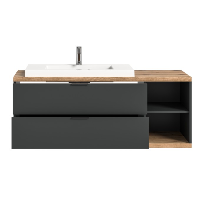 Meuble sous vasque NOYA gris à suspendre – 2 tiroirs + niche, 130 cm, sans vasque