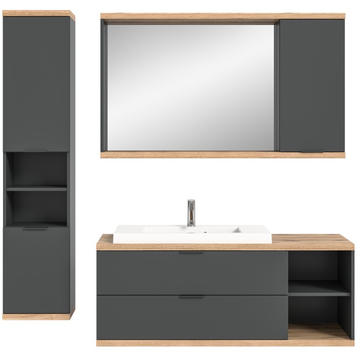 Ensemble salle de bain NOYA gris – meuble sous vasque, miroir avec rangement et colonne suspendue