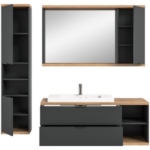 Ensemble salle de bain NOYA gris – meuble sous vasque, miroir avec rangement et colonne suspendue