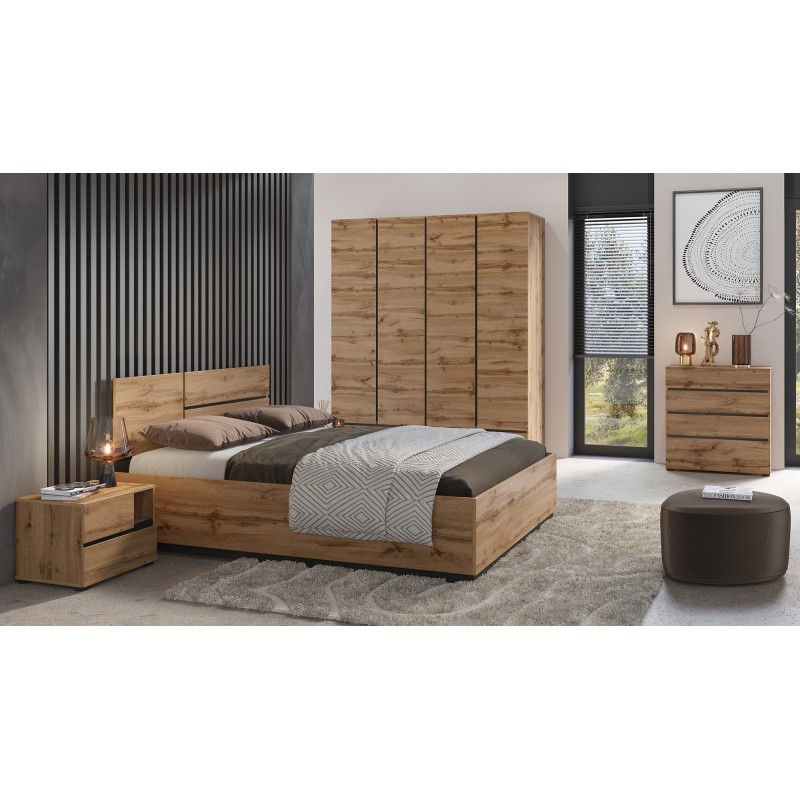 Chambre complète HAVANA chêne et noir – Lit coffre 160x200, armoire 4 portes, chevets et commode