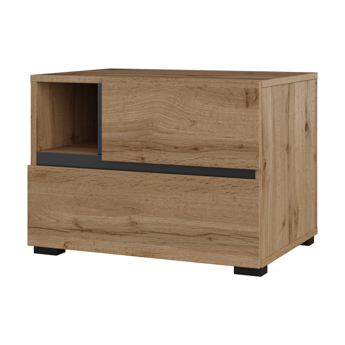 Chambre complète HAVANA chêne et noir – Lit coffre 180x200, armoire 4 portes, chevets et commode