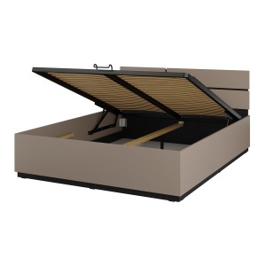 Chambre complète HAVANA beige et noir – Lit coffre 180x200, armoire 4 portes, chevets et commode