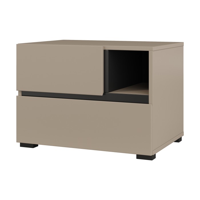 Chambre complète HAVANA beige et noir – Lit coffre 180x200, armoire 4 portes, chevets et commode