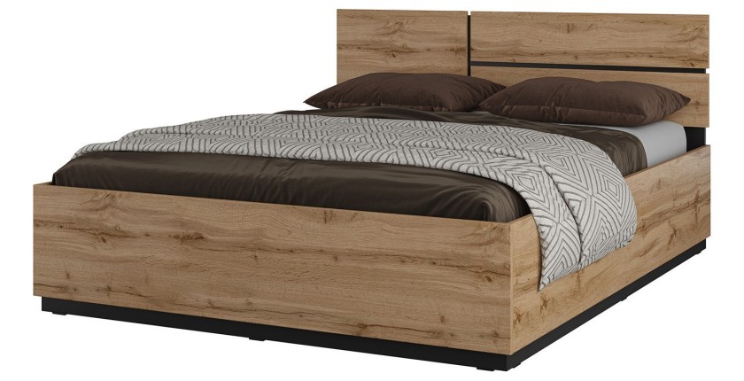 Lit HAVANA 180x200 chêne et noir avec sommier – Style naturel et couchage grand confort