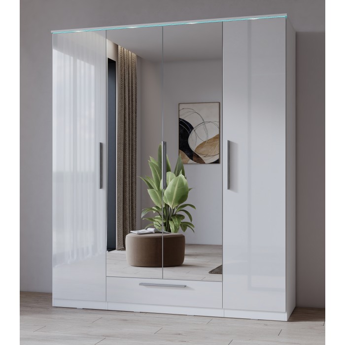 Armoire blanche BOMBAY design 4 portes miroir avec LED multicolore et tiroir