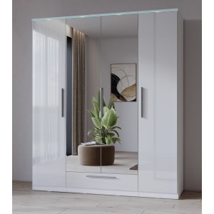 Armoire blanche BOMBAY design 4 portes miroir avec LED multicolore et tiroir