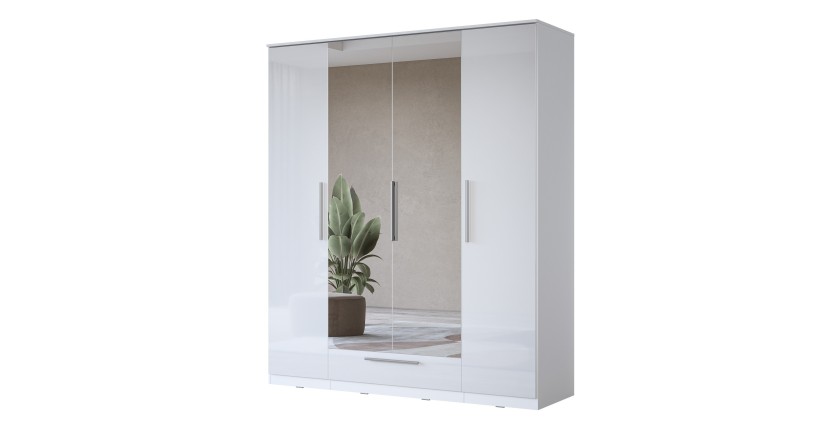 Armoire blanche BOMBAY design 4 portes miroir avec LED multicolore et tiroir