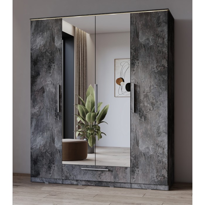 Armoire BOMBAY – 4 portes 1 tiroir avec miroir – LED multicolore – Coloris ardoise – Design moderne