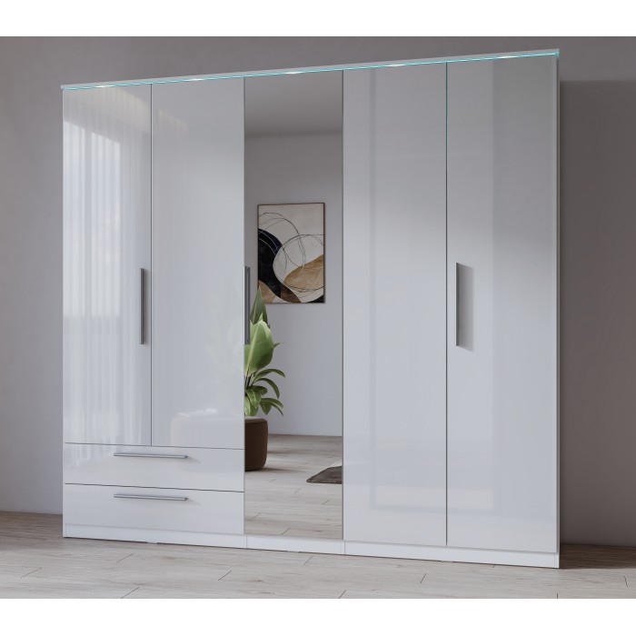 Armoire BOMBAY – 5 portes 2 tiroirs avec miroir – LED multicolore – Coloris blanc – Design moderne