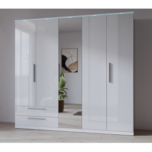 Armoire BOMBAY – 5 portes 2 tiroirs avec miroir – LED multicolore – Coloris blanc – Design moderne