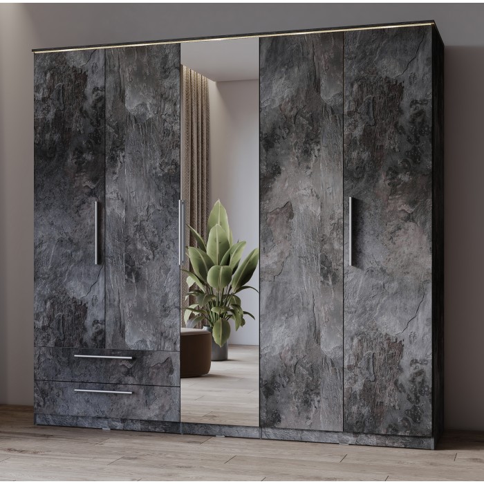Armoire BOMBAY – 5 portes 2 tiroirs – effet ardoise – avec miroir et éclairage LED intégré