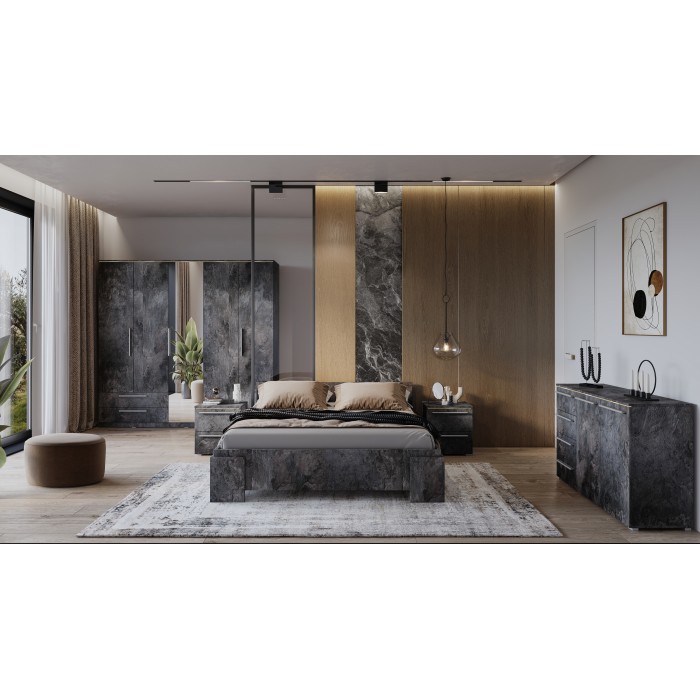 Armoire BOMBAY – 5 portes 2 tiroirs – effet ardoise – avec miroir et éclairage LED intégré