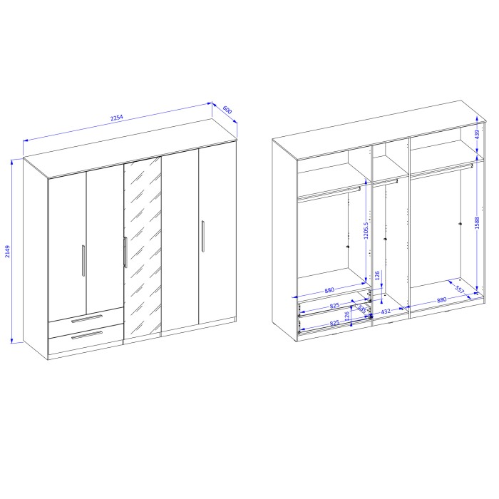Armoire BOMBAY – 5 portes 2 tiroirs – effet ardoise – avec miroir et éclairage LED intégré