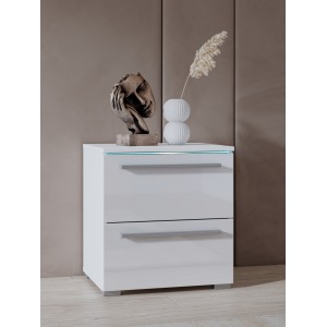 Table de chevet BOMBAY – Blanc – 2 tiroirs – Éclairage LED multicolore – Design moderne