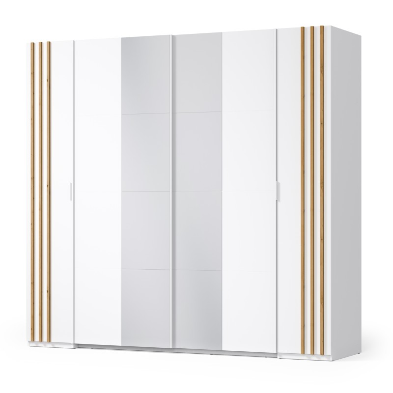 Armoire FLORENCE – Blanc et chêne – 2 portes coulissantes + 2 battantes – L218 cm – 10 étagères