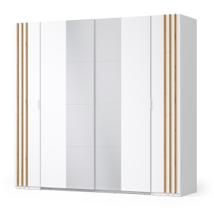 Armoire FLORENCE – Blanc et chêne – 2 portes coulissantes + 2 battantes – L218 cm – 10 étagères