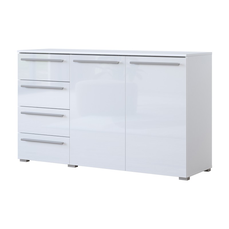 Commode BOMBAY – Blanc brillant – 4 tiroirs et 2 portes – Éclairage LED multicolore