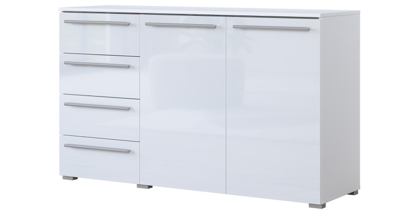 Commode BOMBAY – Blanc brillant – 4 tiroirs et 2 portes – Éclairage LED multicolore