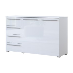 Commode BOMBAY – Blanc brillant – 4 tiroirs et 2 portes – Éclairage LED multicolore