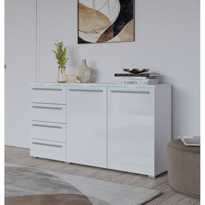 Commode BOMBAY – Blanc brillant – 4 tiroirs et 2 portes – Éclairage LED multicolore