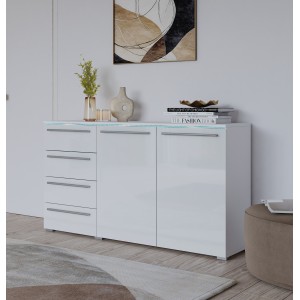 Commode BOMBAY – Blanc brillant – 4 tiroirs et 2 portes – Éclairage LED multicolore