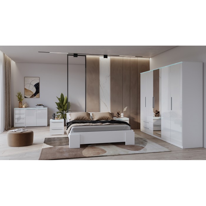 Commode BOMBAY – Blanc brillant – 4 tiroirs et 2 portes – Éclairage LED multicolore