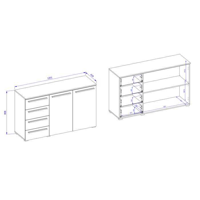 Commode BOMBAY – Blanc brillant – 4 tiroirs et 2 portes – Éclairage LED multicolore