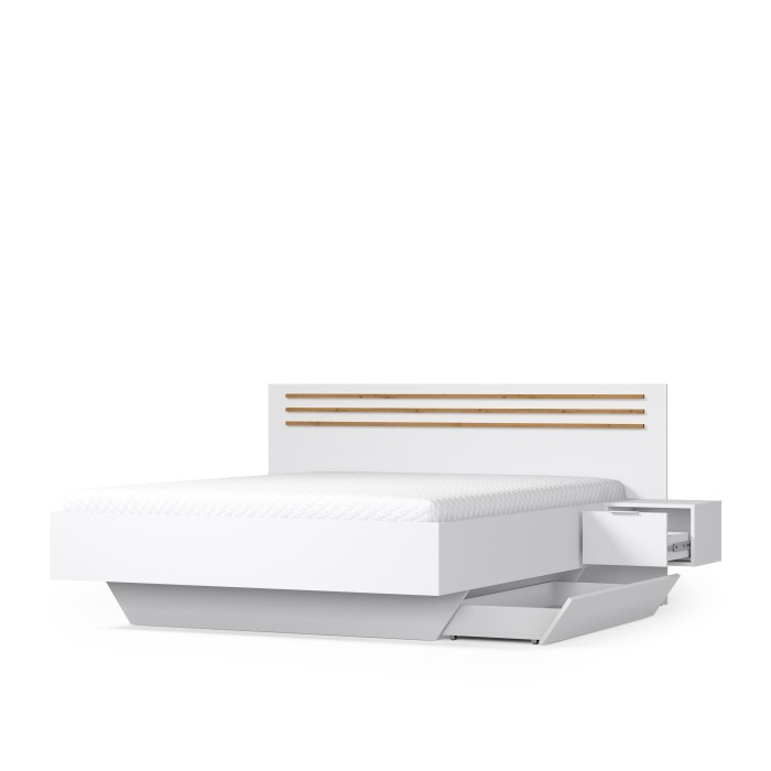 Lit FLORENCE – Blanc et chêne – 160x200 cm – Avec chevets intégrés – Sommier et tiroirs non inclus