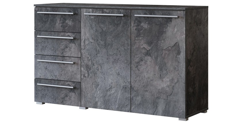 Commode BOMBAY – 135 cm – Effet ardoise – 2 portes 4 tiroirs – Éclairage LED multicolore